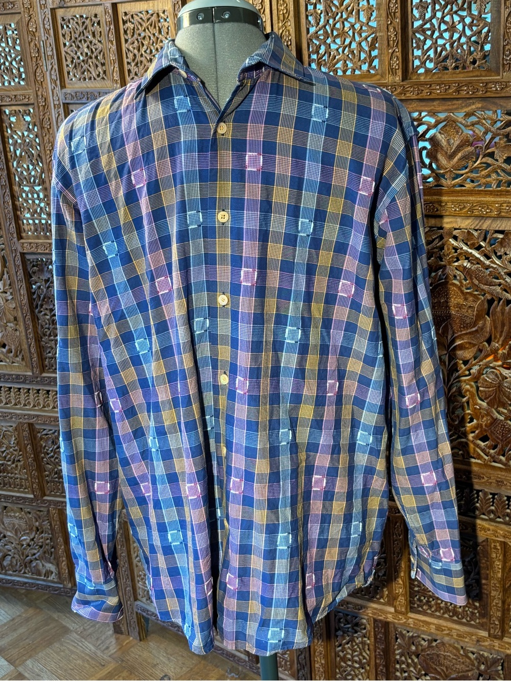 Luchiano Visconti Men's Blue and Brown Plaid Long-Sleeve Dress Shirt